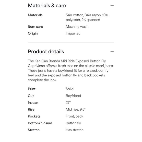 Kan Can
Brenda Mid Ride Exposed Button Fly Capri Jean - Picture 2 of 6